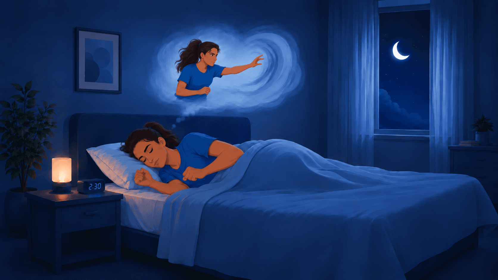 Illustration of REM sleep behavior disorder: a person sleeping in bed while acting out vivid dreams, showing the physical manifestation of RBD during sleep.